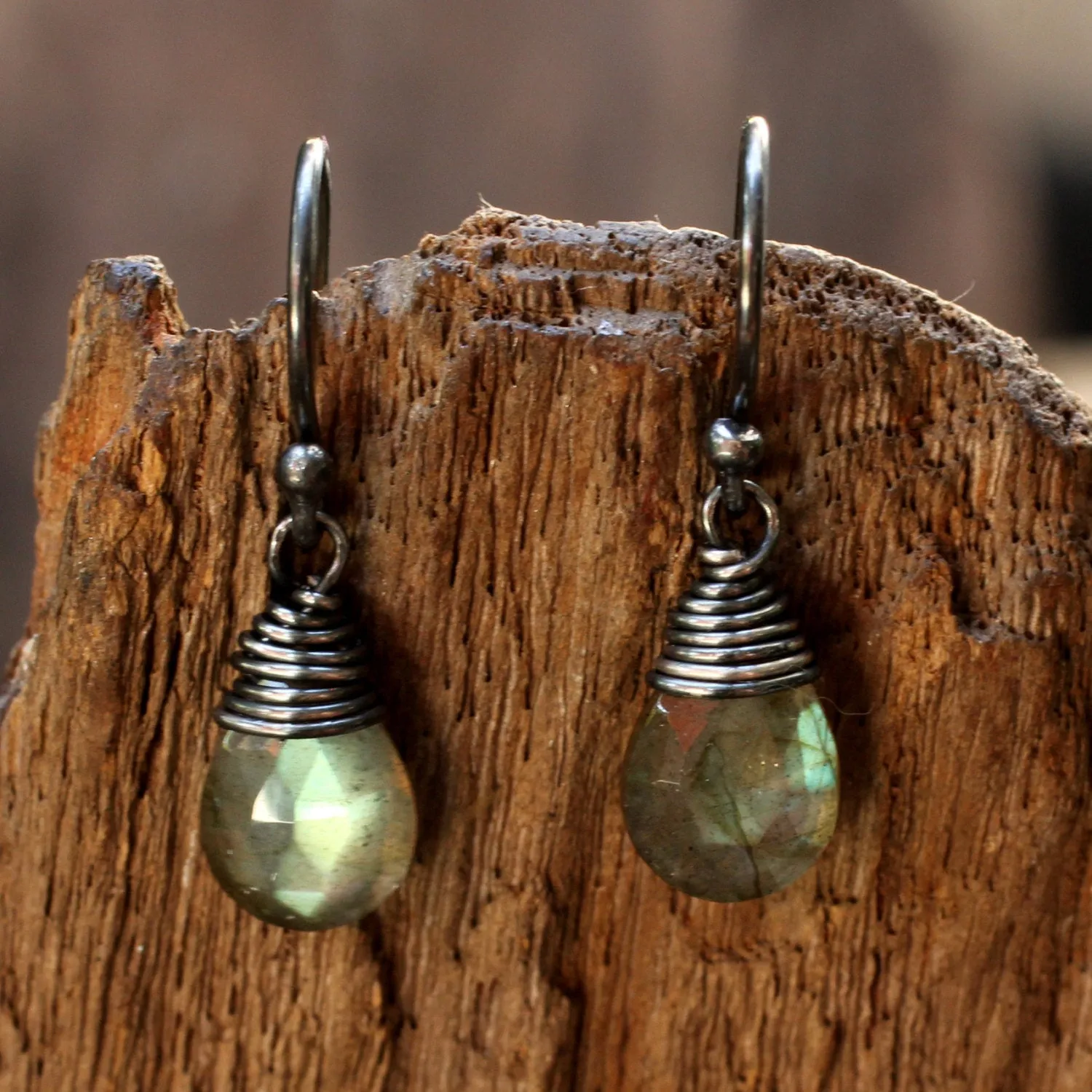 Faceted labradorite drops earrings with oxidized silver wire on sterling silver oxidized hook style