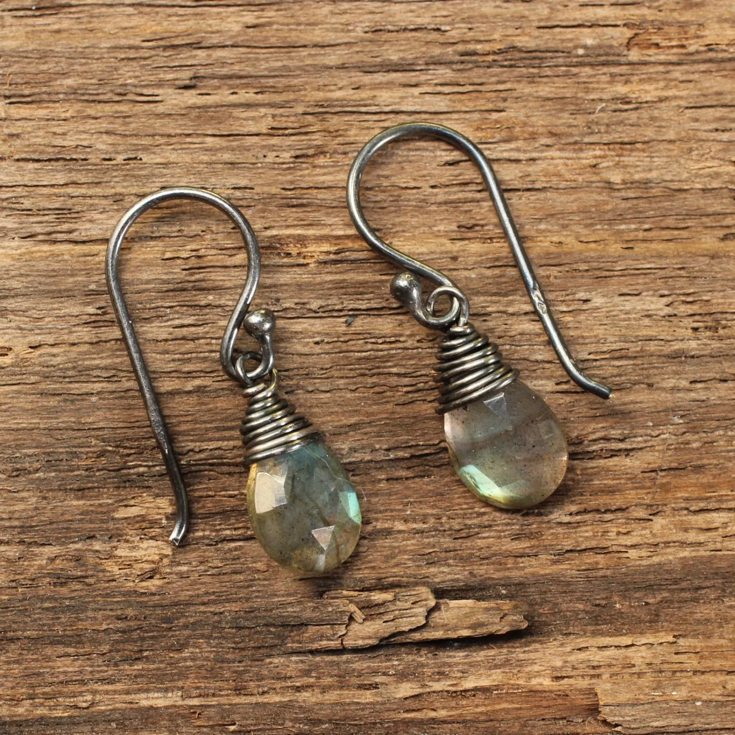 Faceted labradorite drops earrings with oxidized silver wire on sterling silver oxidized hook style