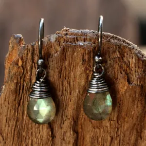 Faceted labradorite drops earrings with oxidized silver wire on sterling silver oxidized hook style