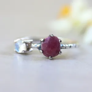 Faceted ruby ring in silver prongs setting and faceted moonstone with sterling silver texture band
