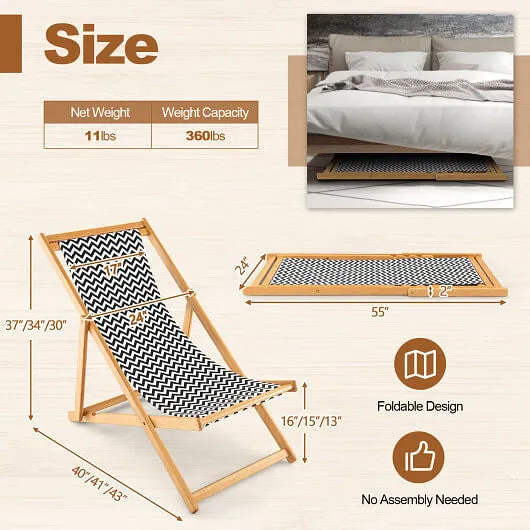 Folding Bamboo Sling Chair with Adjustable Backrest and Canvas-Natural - Color: