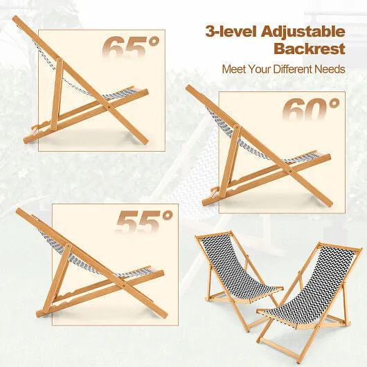Folding Bamboo Sling Chair with Adjustable Backrest and Canvas-Natural - Color: