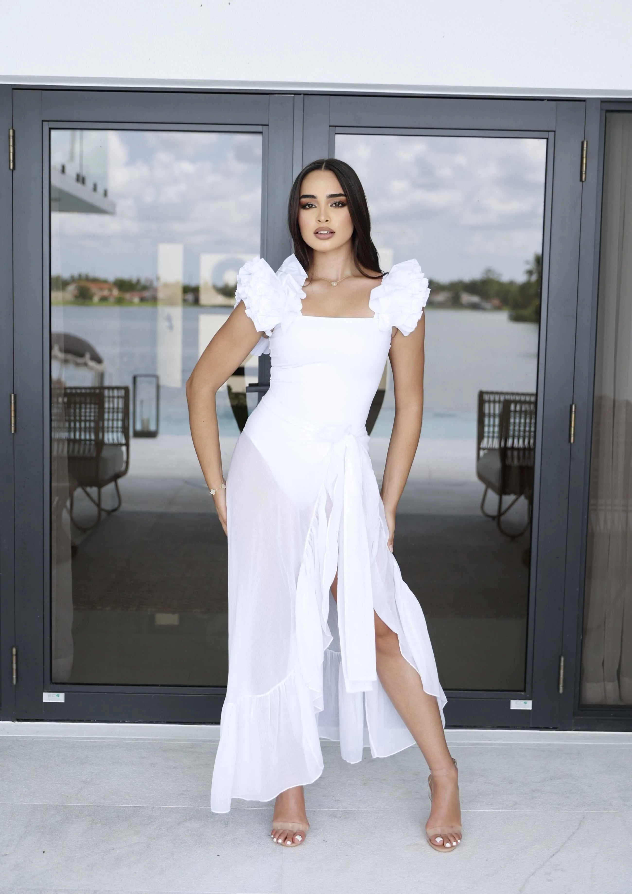 Galicia One-Piece Swimsuit – White Ruffled Shoulder Luxury Swimwear | Limited Edition 2025