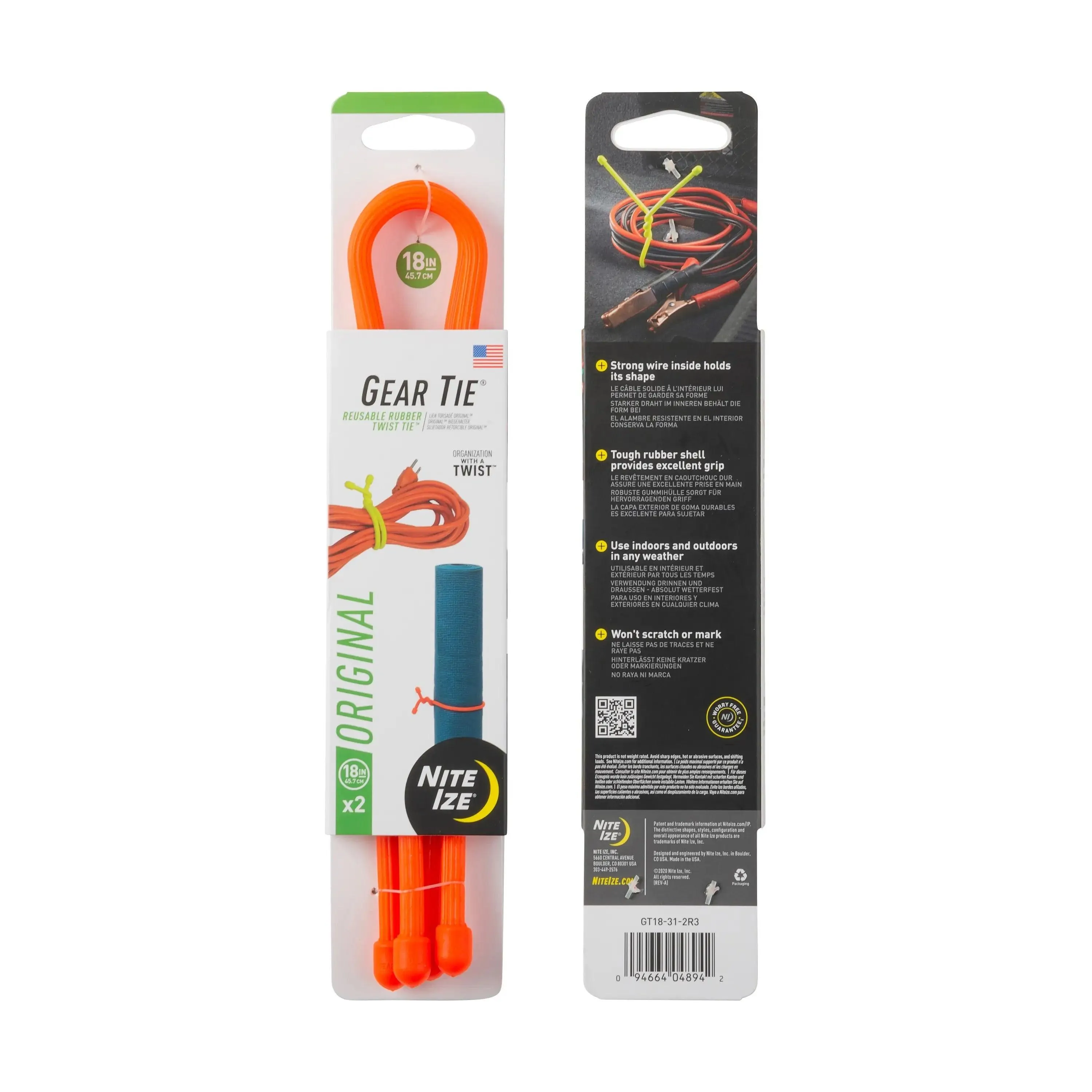 GEAR TIE REUSABLE RUBBER TWIST TIE(TM) (2pcs), Orange - length 18"