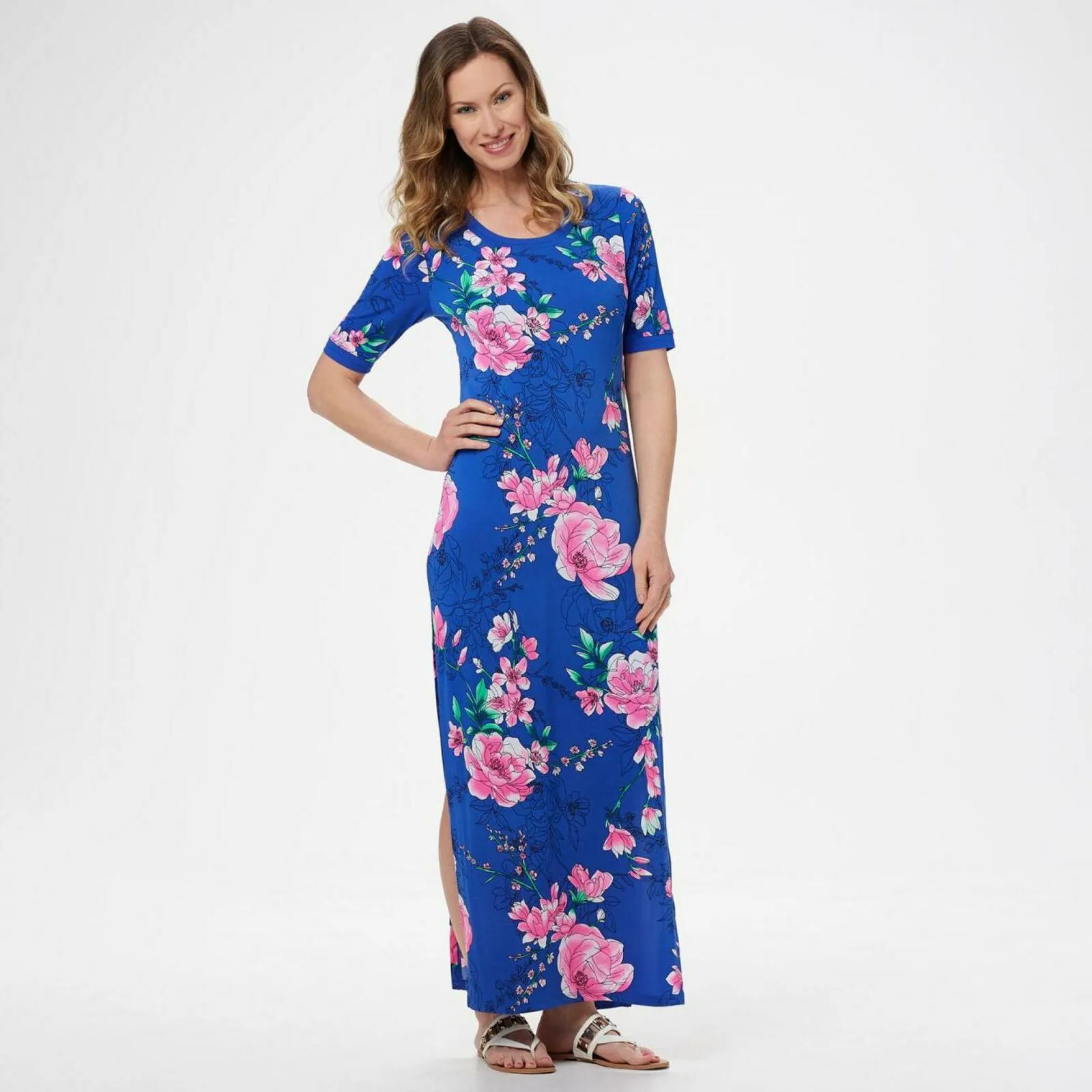 G.I.L.I. Petite Short-Sleeve Side Slit Maxi Dress