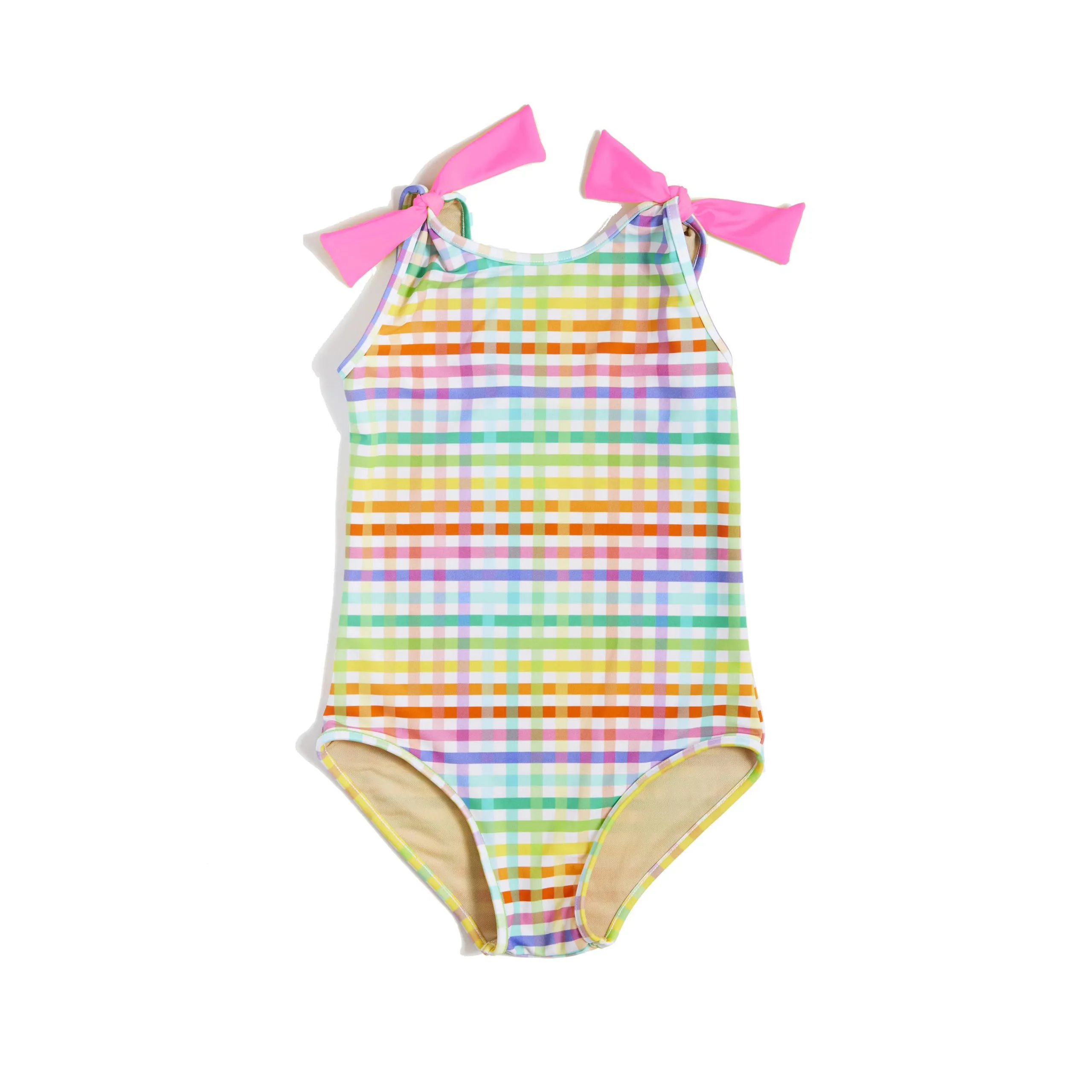 Girl’s Tie-Shoulder One-Piece Swimsuit Rainbow Gingham