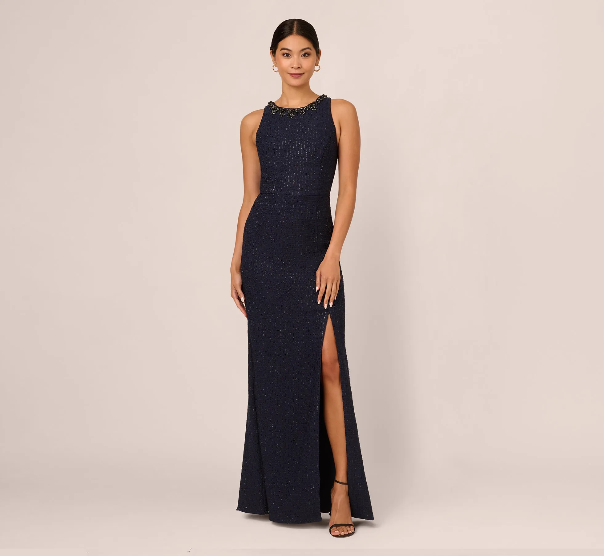 Glitter Boucle Stretch Gown In Navy