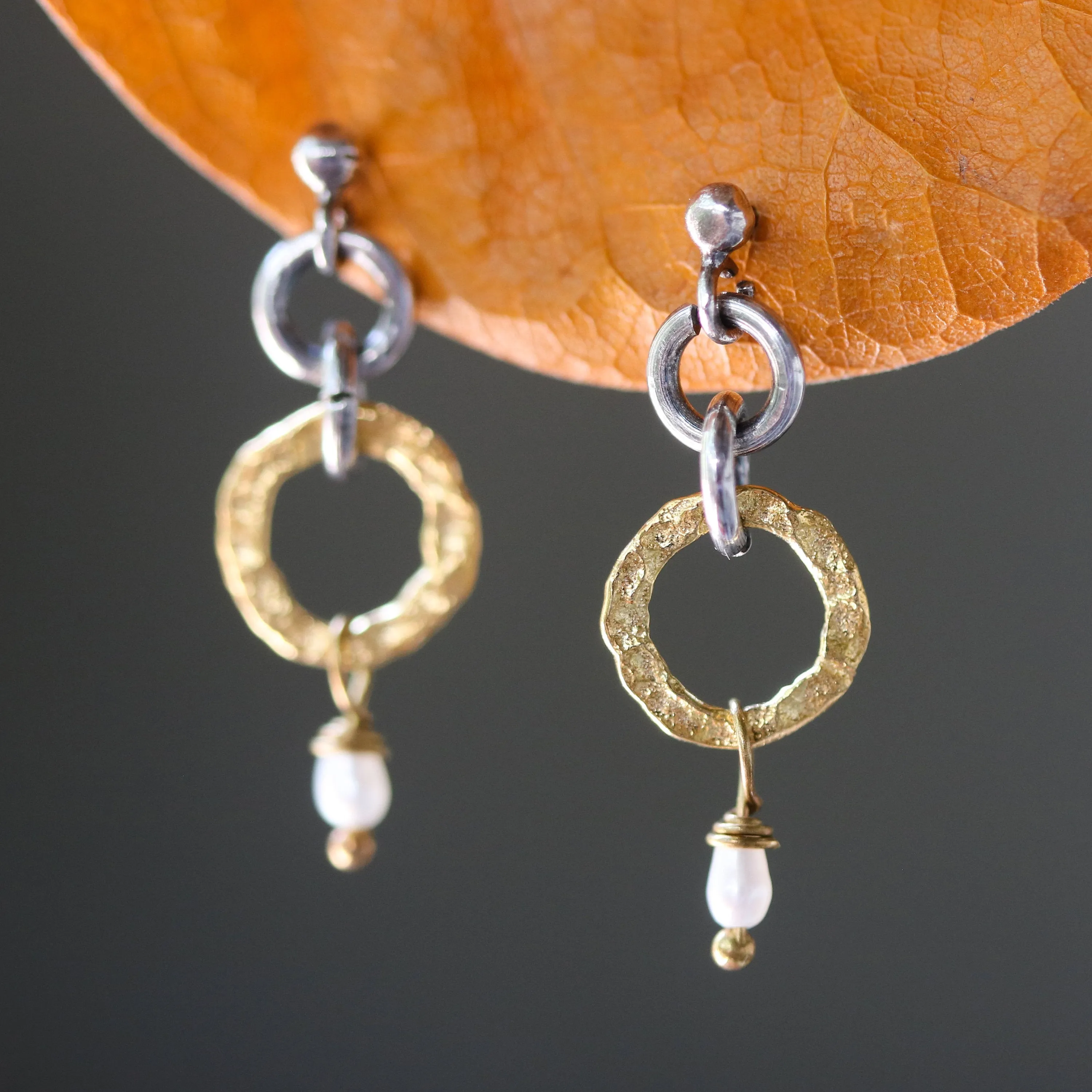 Gold plated silver hoop earrings with pearl accents and sterling silver stud style