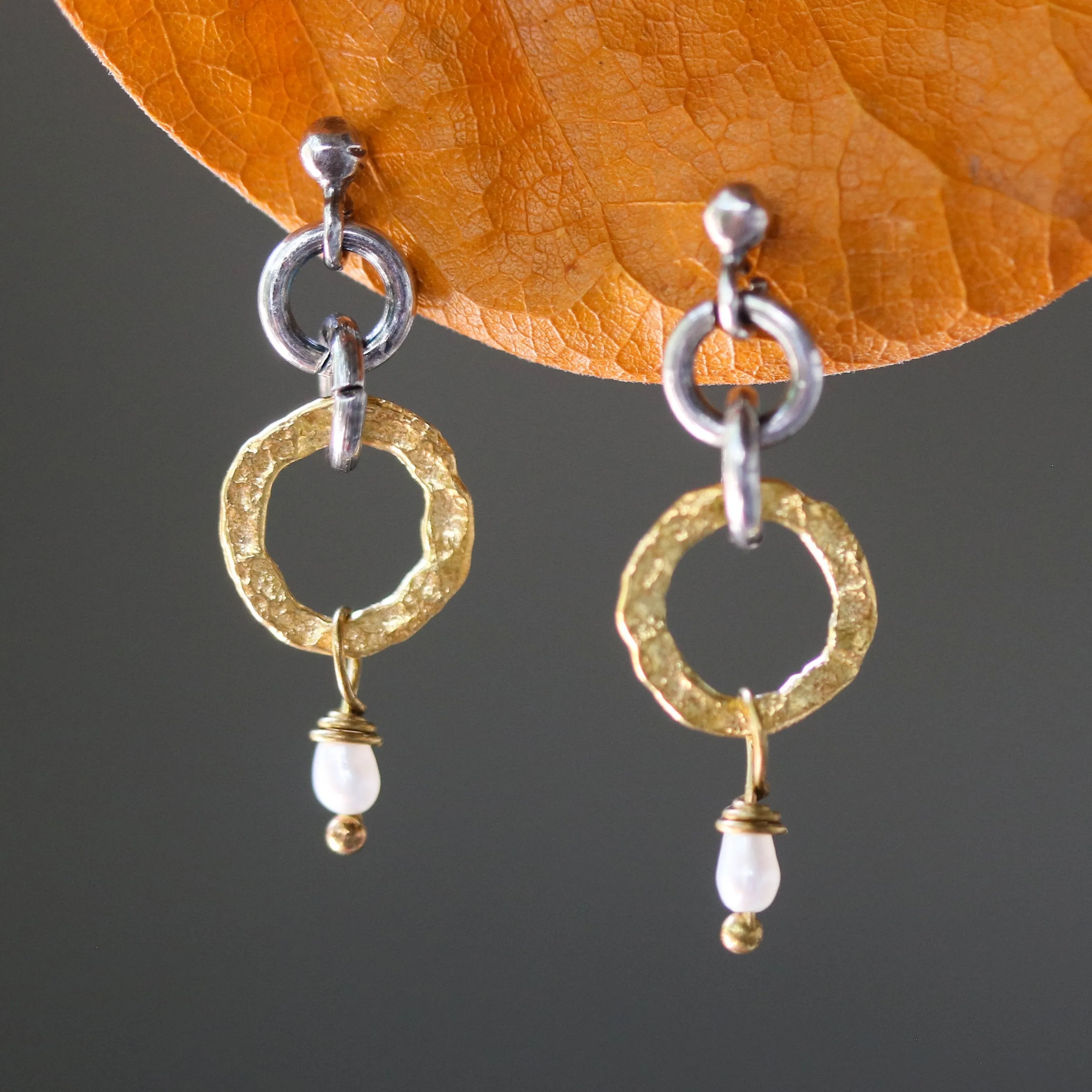 Gold plated silver hoop earrings with pearl accents and sterling silver stud style