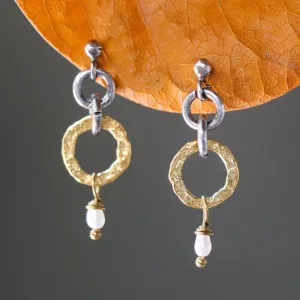 Gold plated silver hoop earrings with pearl accents and sterling silver stud style