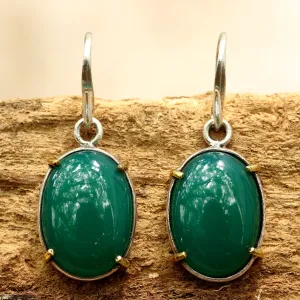 Green onyx cabochon earrings in silver bezel setting with polished brass accent prongs