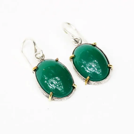 Green onyx cabochon earrings in silver bezel setting with polished brass accent prongs