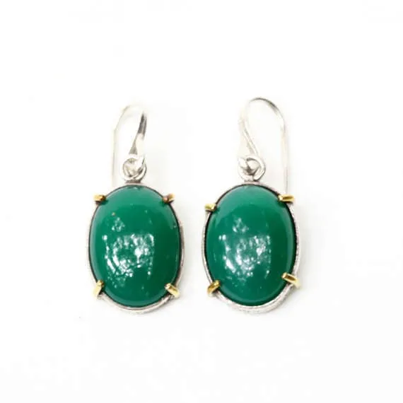 Green onyx cabochon earrings in silver bezel setting with polished brass accent prongs