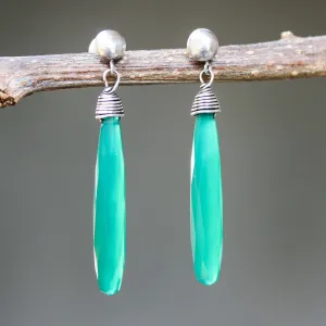 Green onyx faceted earrings with silver wire wrapped on sterling silver post style