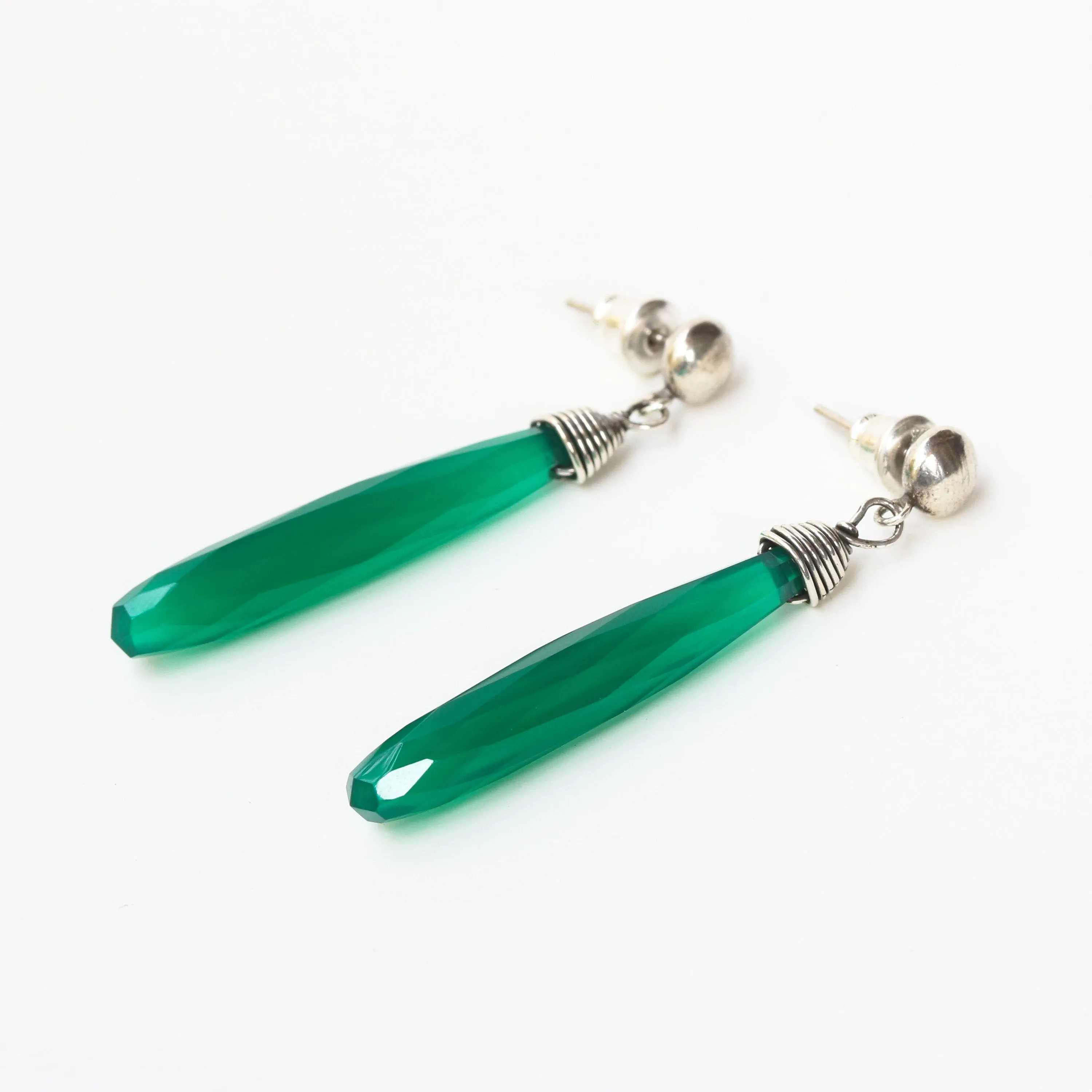 Green onyx faceted earrings with silver wire wrapped on sterling silver post style