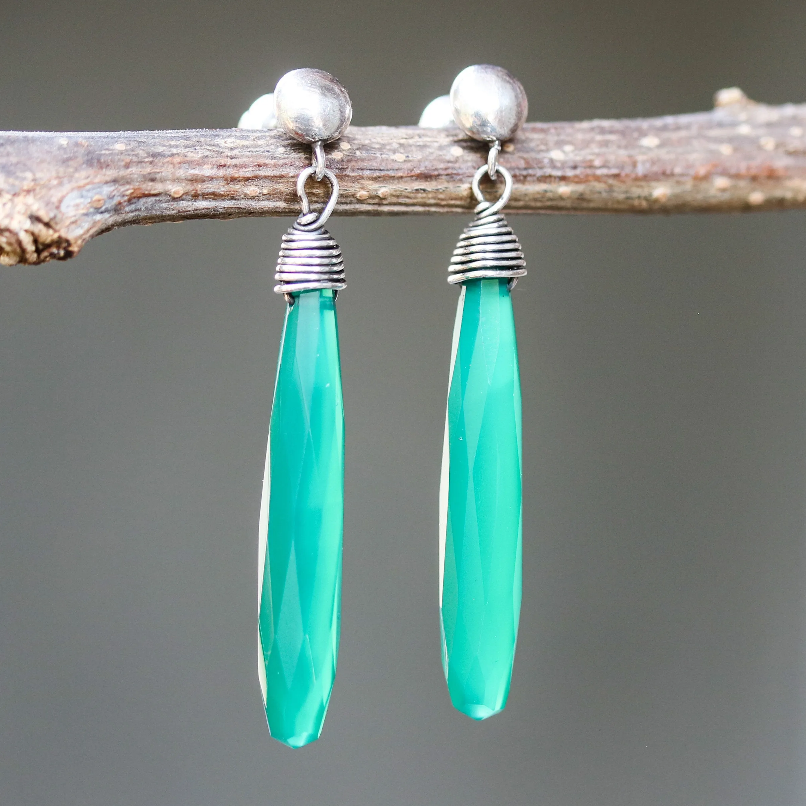 Green onyx faceted earrings with silver wire wrapped on sterling silver post style