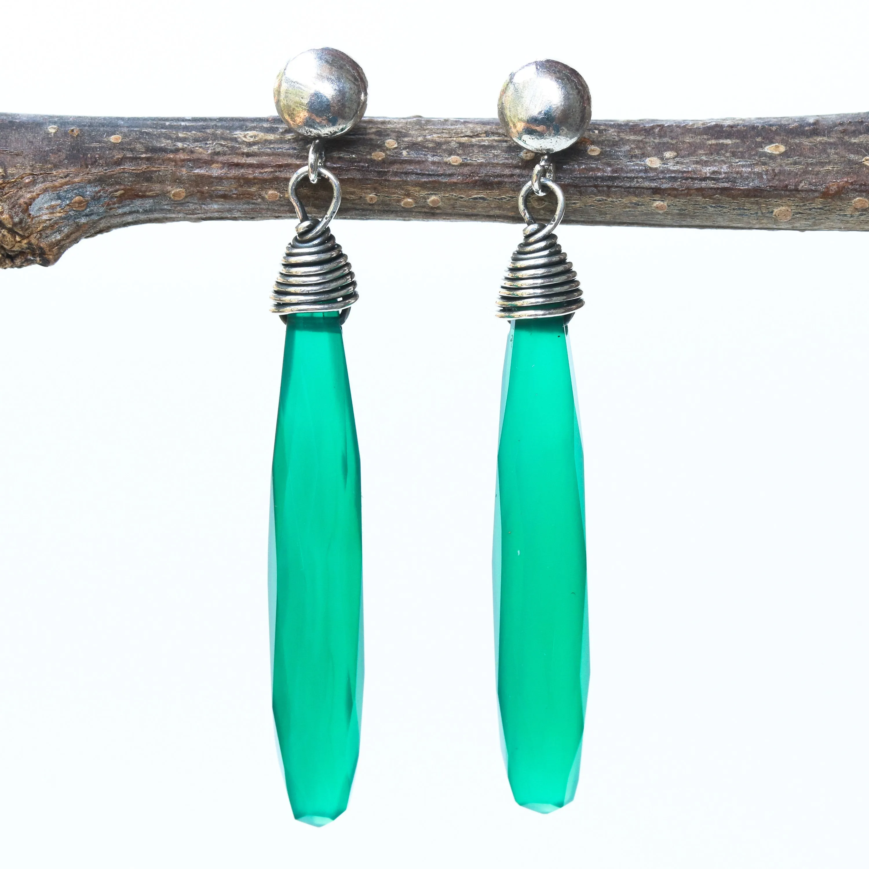Green onyx faceted earrings with silver wire wrapped on sterling silver post style