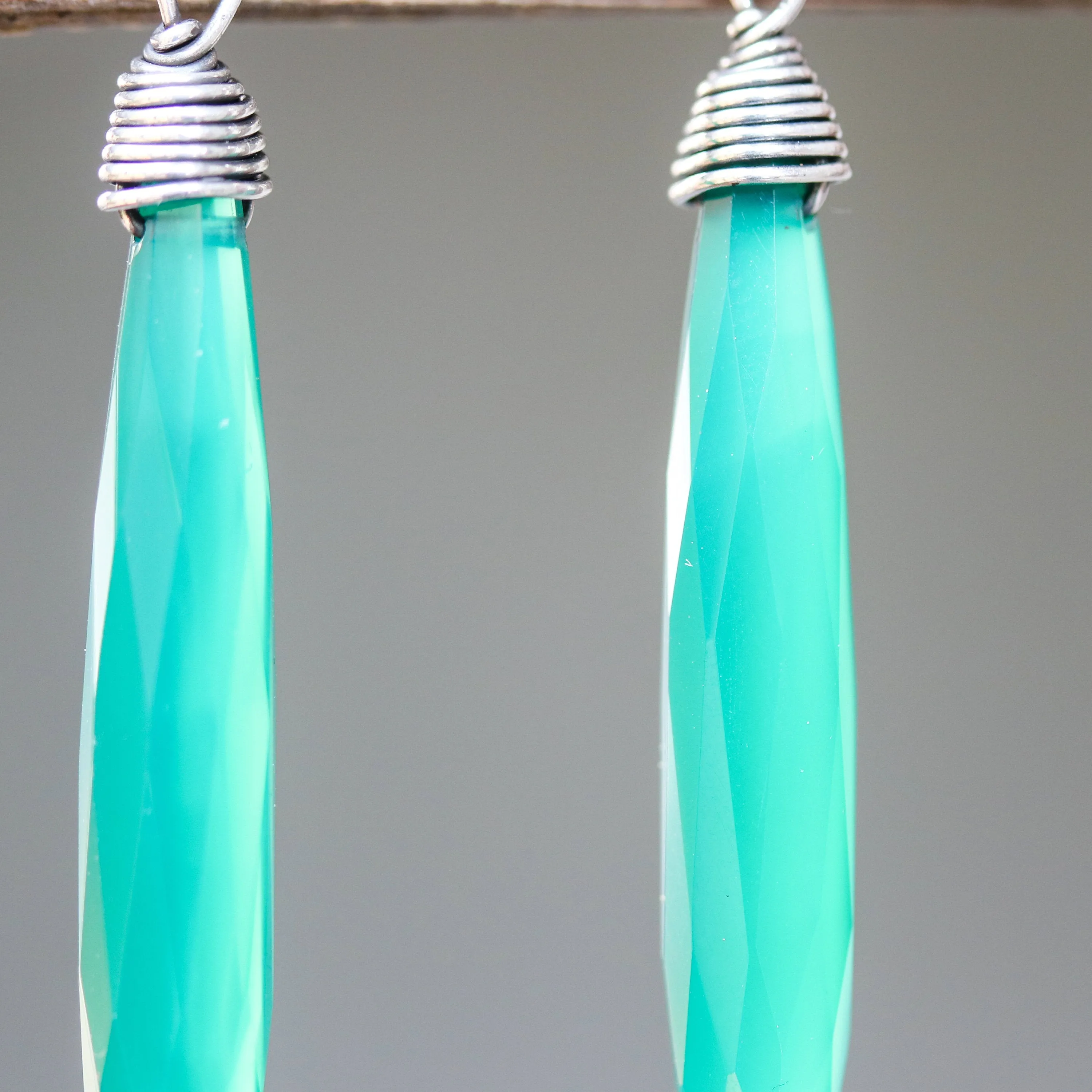 Green onyx faceted earrings with silver wire wrapped on sterling silver post style