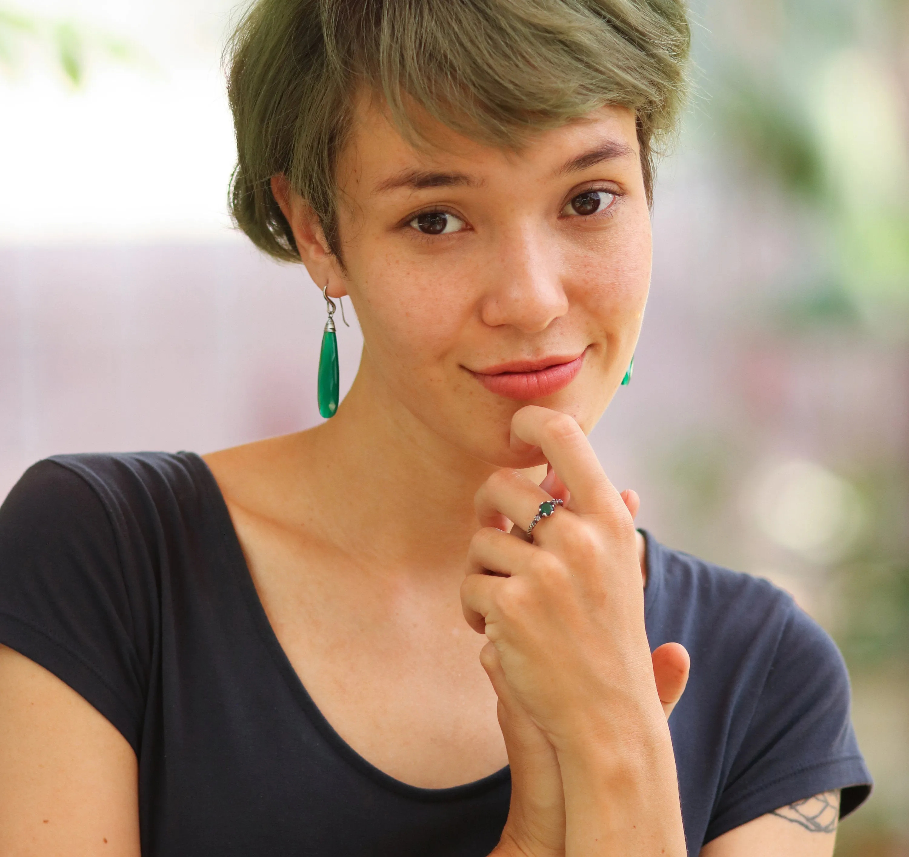 Green onyx teardrop faceted earrings with silver wire wrapped on oxidized sterling silver hooks style