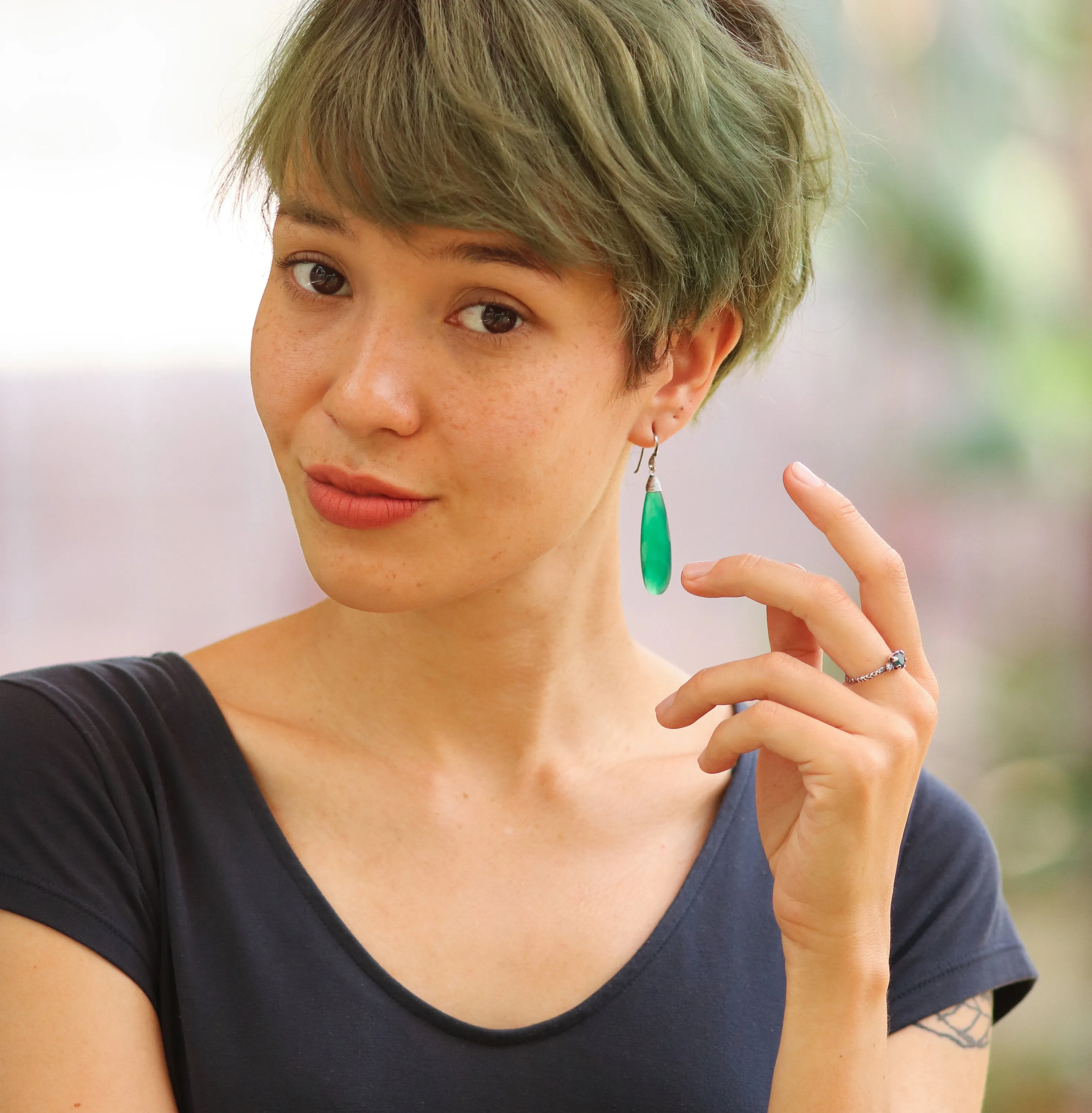 Green onyx teardrop faceted earrings with silver wire wrapped on oxidized sterling silver hooks style