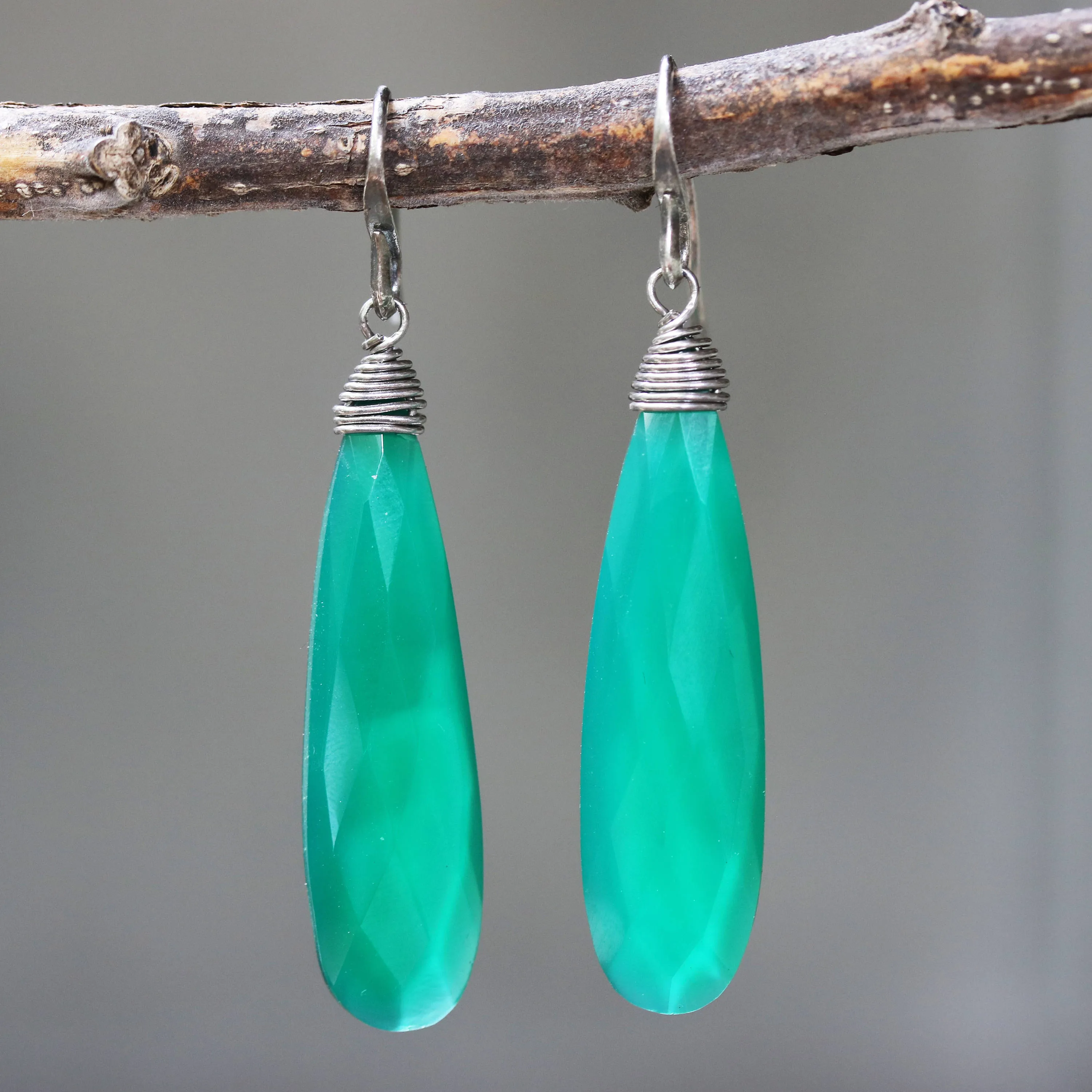 Green onyx teardrop faceted earrings with silver wire wrapped on oxidized sterling silver hooks style