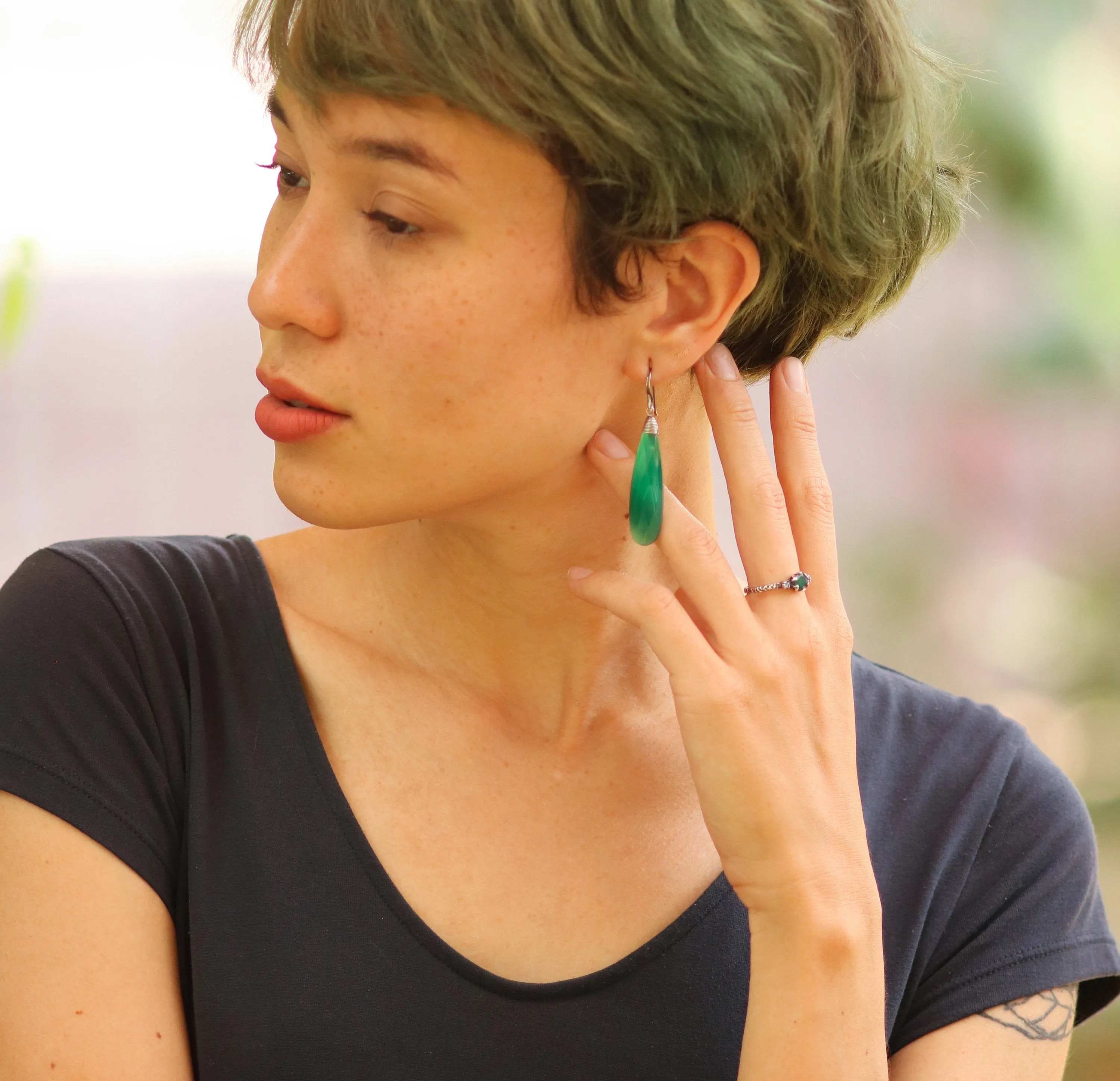 Green onyx teardrop faceted earrings with silver wire wrapped on oxidized sterling silver hooks style