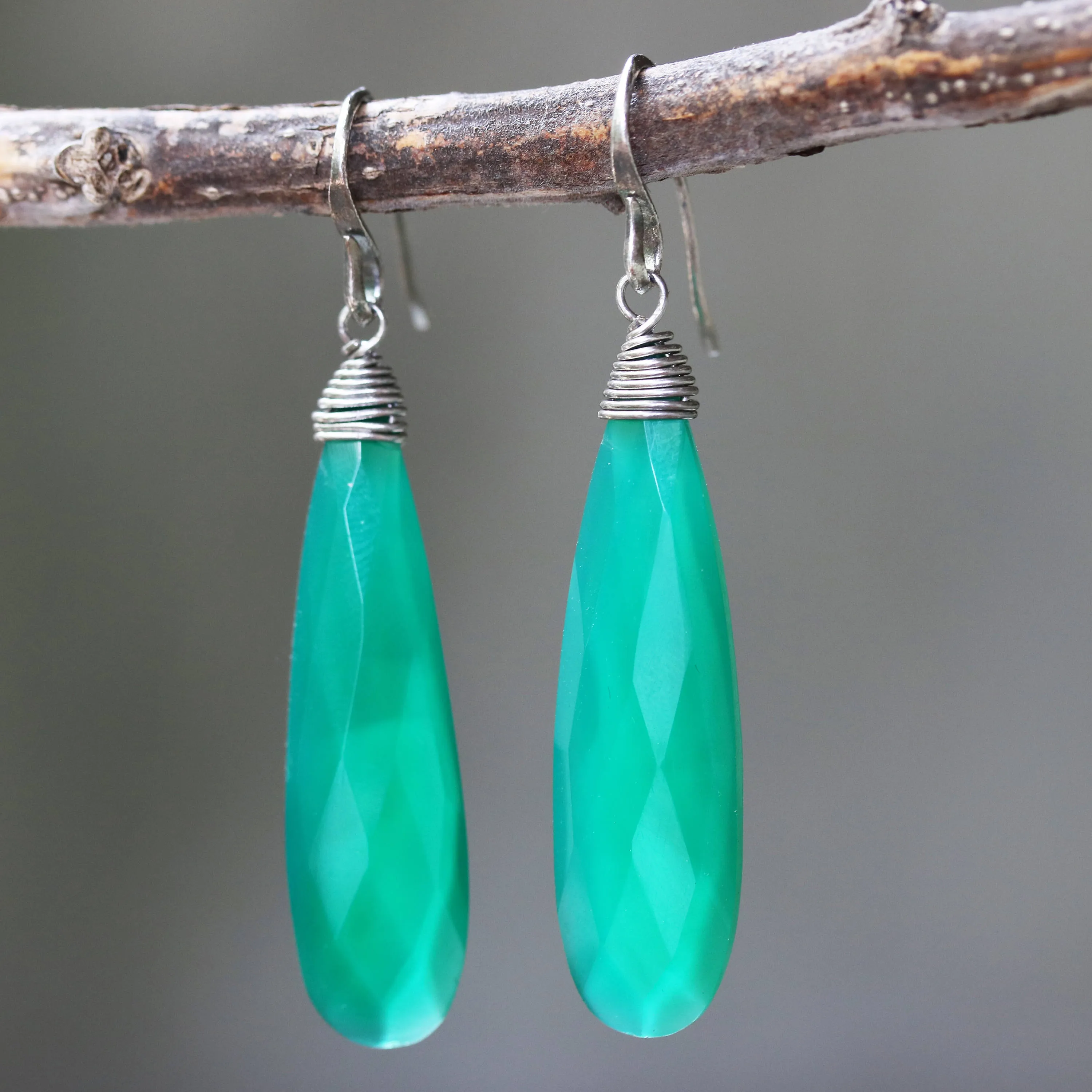 Green onyx teardrop faceted earrings with silver wire wrapped on oxidized sterling silver hooks style