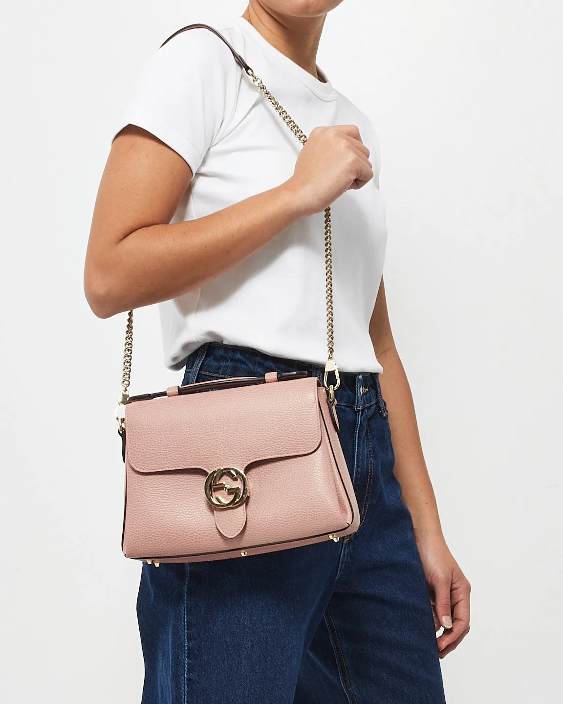 Gucci Pink Pebbled Leather Interlocking Dollar GG Convertible Chain Shoulder Bag