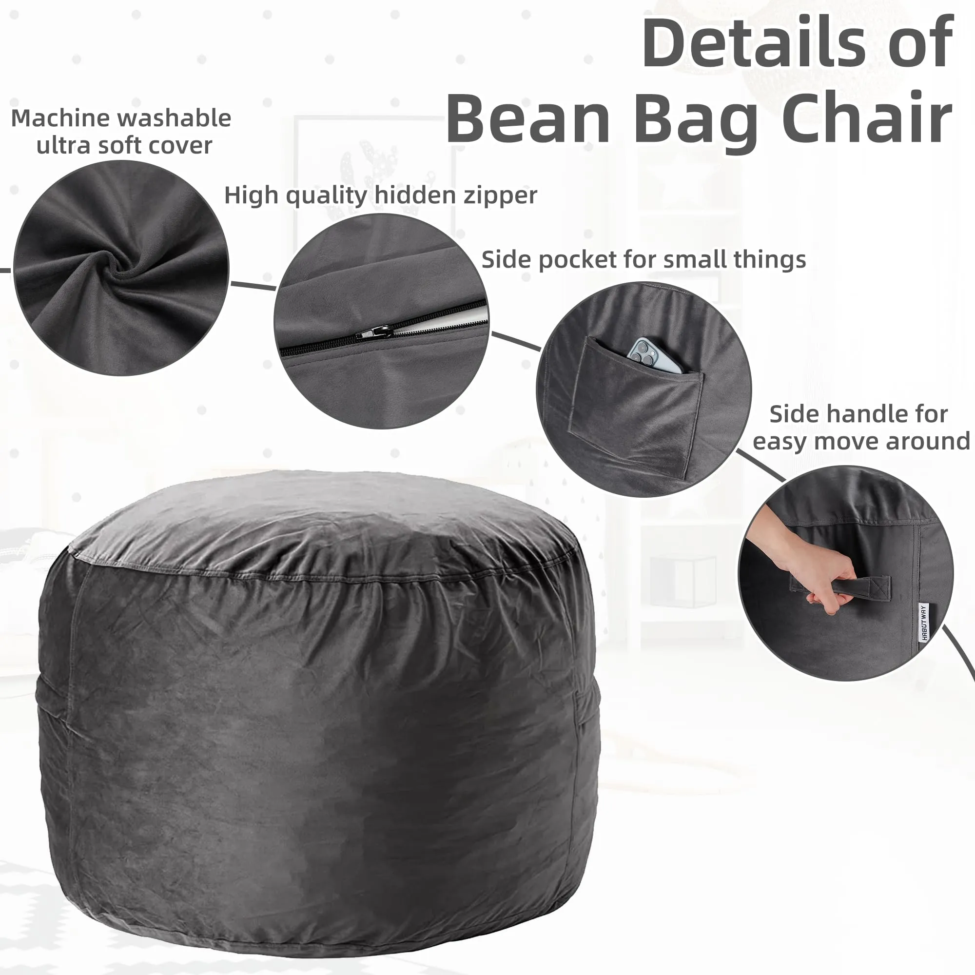 HABUTWAY Bean Bag Chair, 3Ft Luxurious Velvet Ultra with Rebound Memory Foam  Lazy Sofa