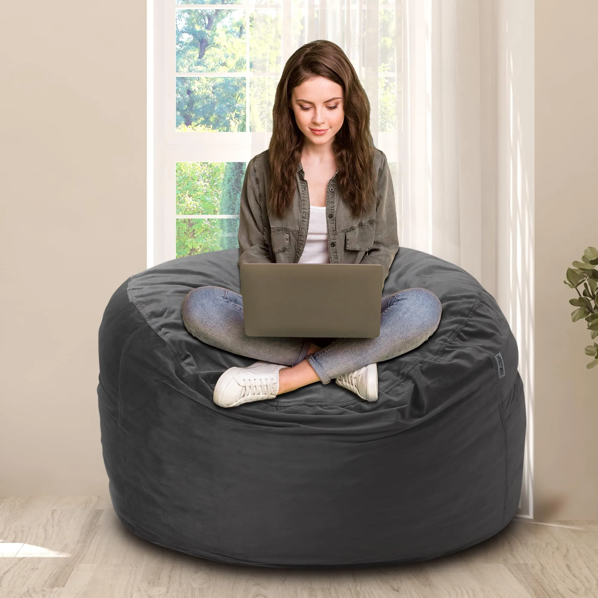 HABUTWAY Bean Bag Chair, 3Ft Luxurious Velvet Ultra with Rebound Memory Foam  Lazy Sofa
