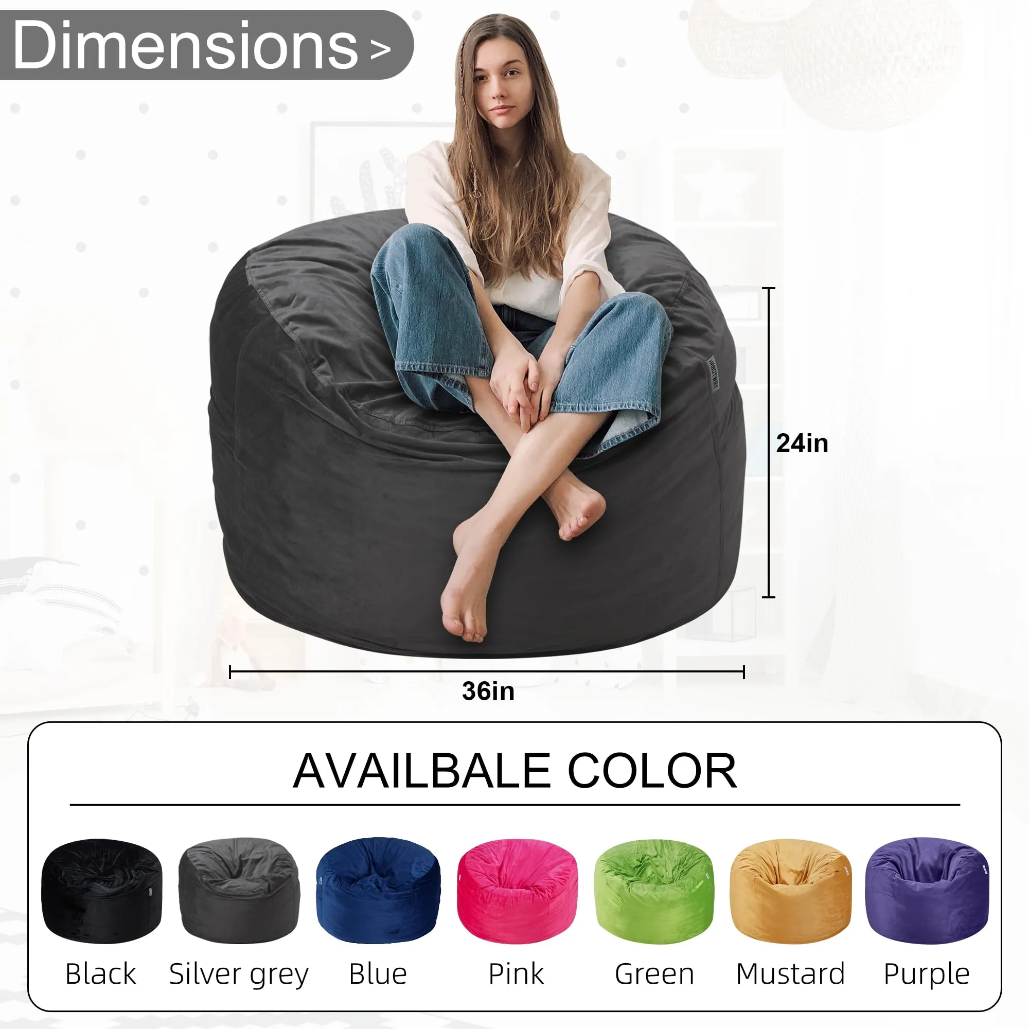 HABUTWAY Bean Bag Chair, 3Ft Luxurious Velvet Ultra with Rebound Memory Foam  Lazy Sofa