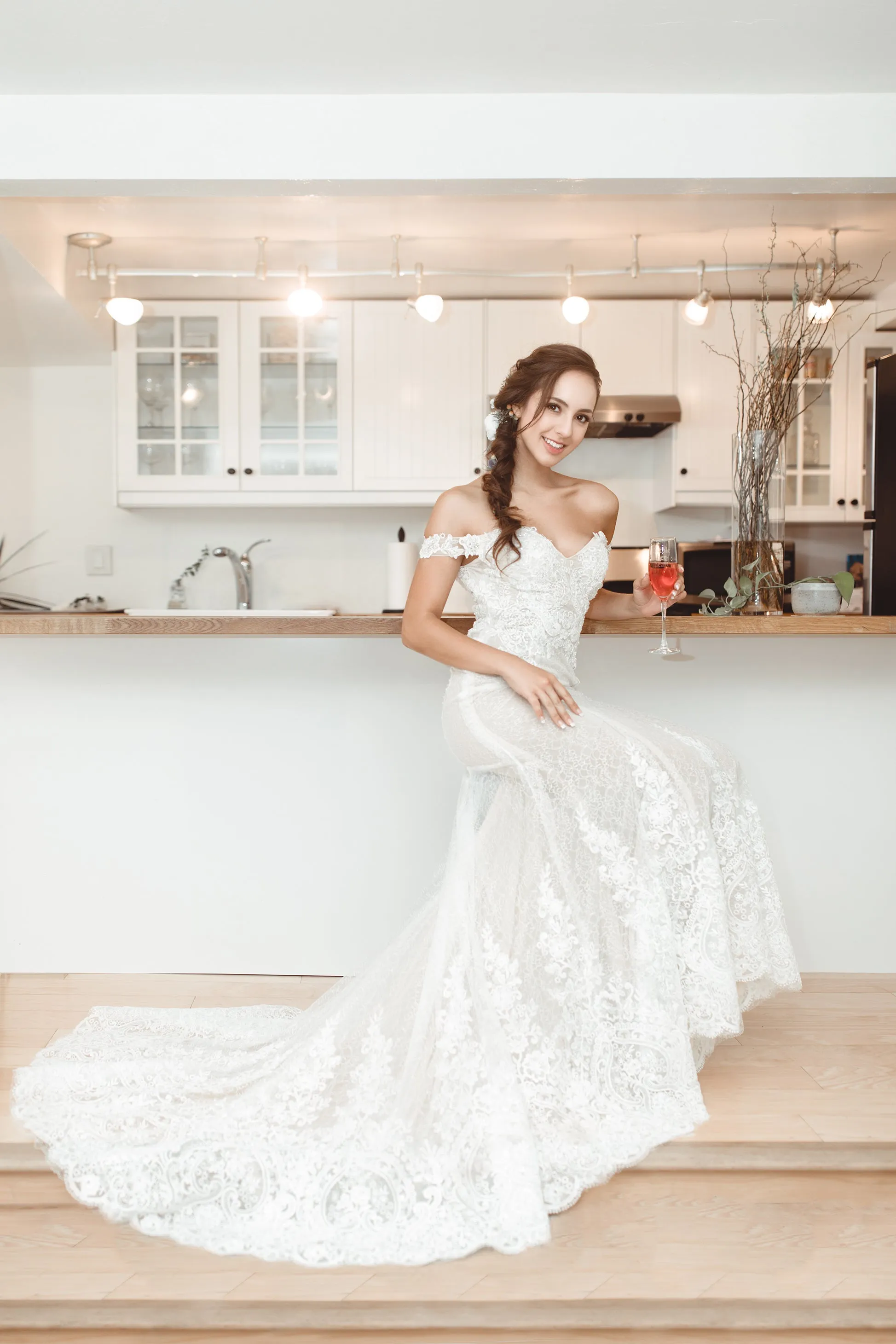Hailey - Selena Huan off-the-shoulder frosted Alençon lace illusive back mermaid gown