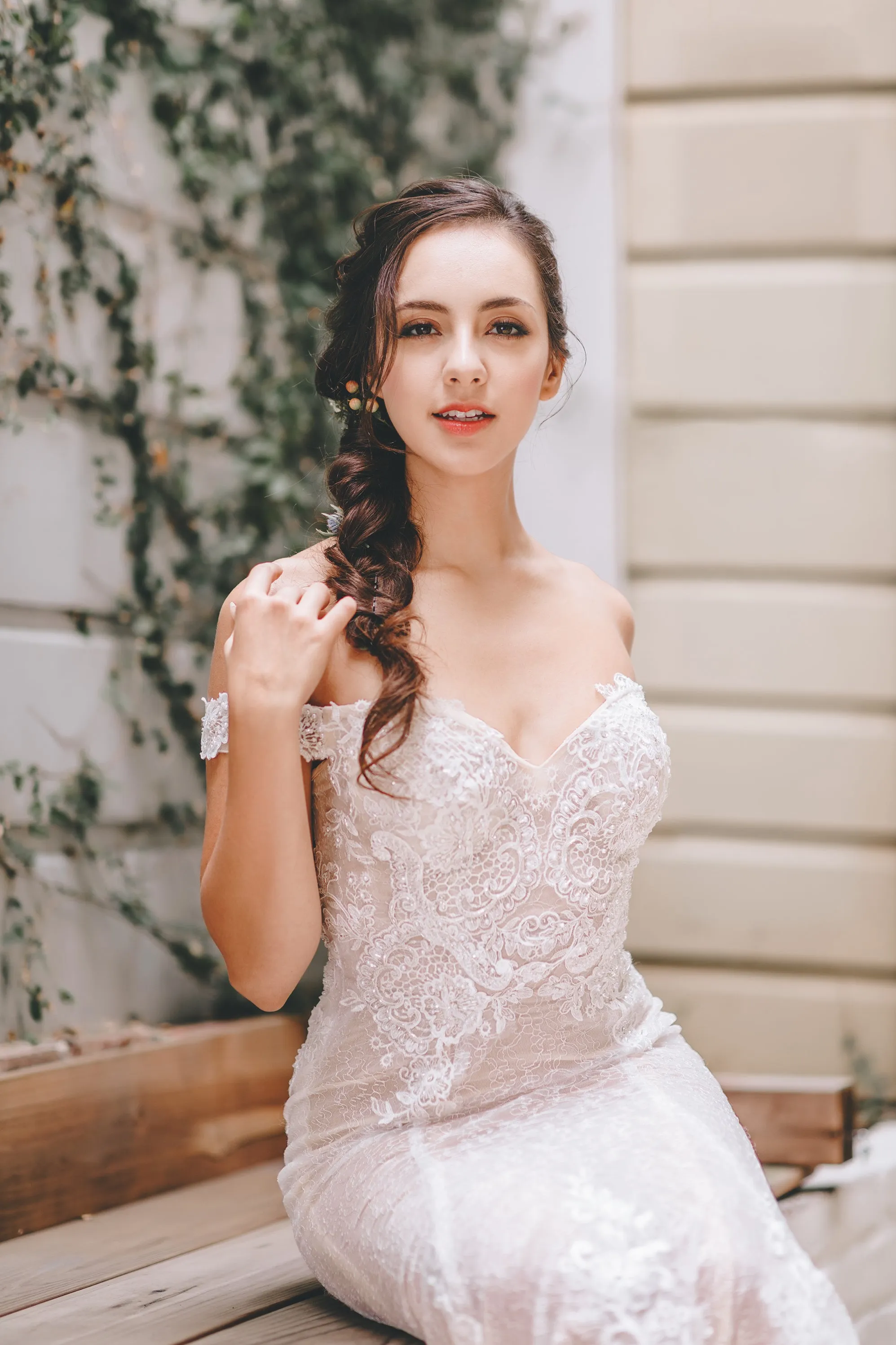 Hailey - Selena Huan off-the-shoulder frosted Alençon lace illusive back mermaid gown