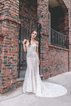 Hailey - Selena Huan off-the-shoulder frosted Alençon lace illusive back mermaid gown