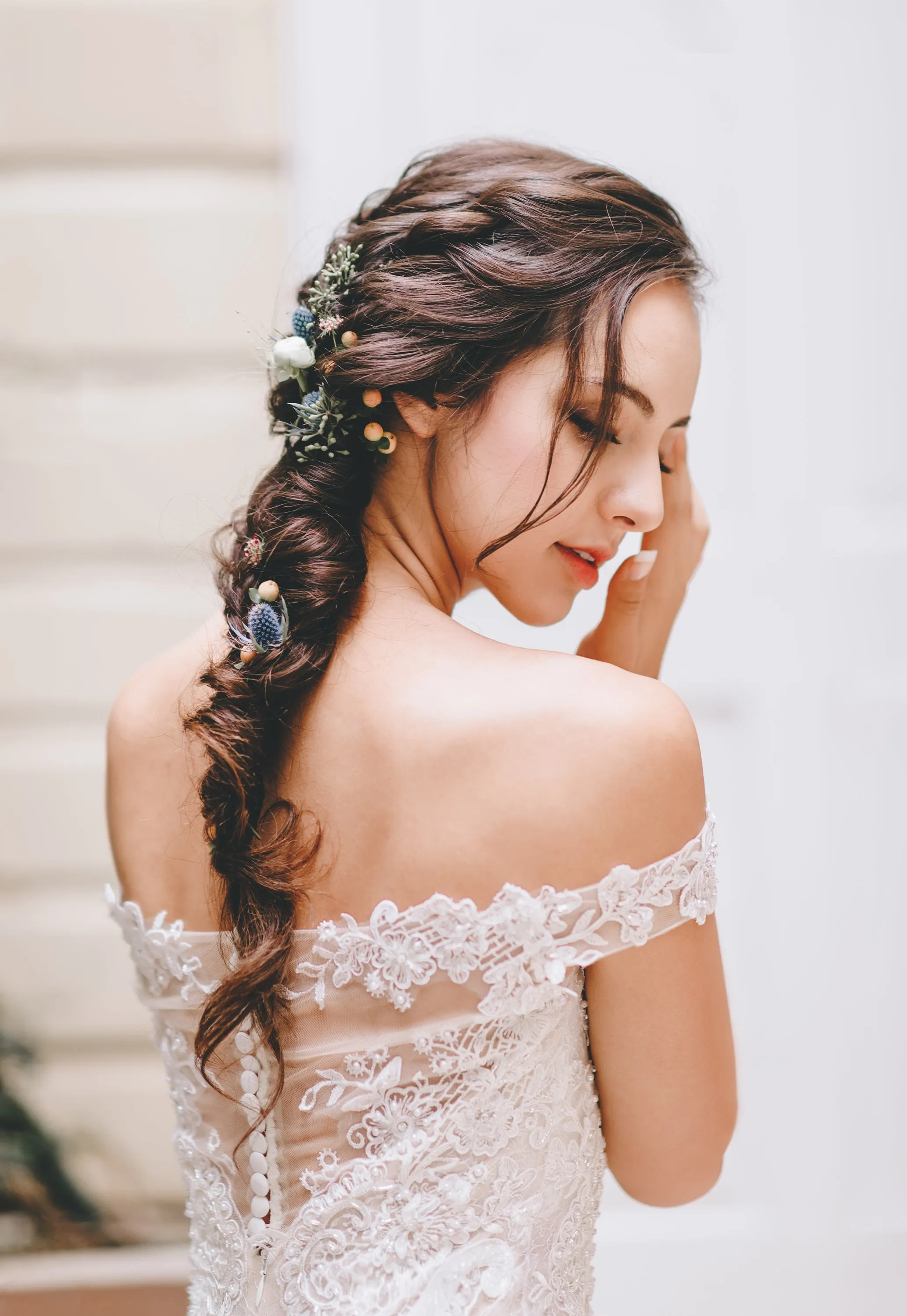 Hailey - Selena Huan off-the-shoulder frosted Alençon lace illusive back mermaid gown