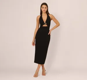Halter Buckle Detail Midi Dress In Black