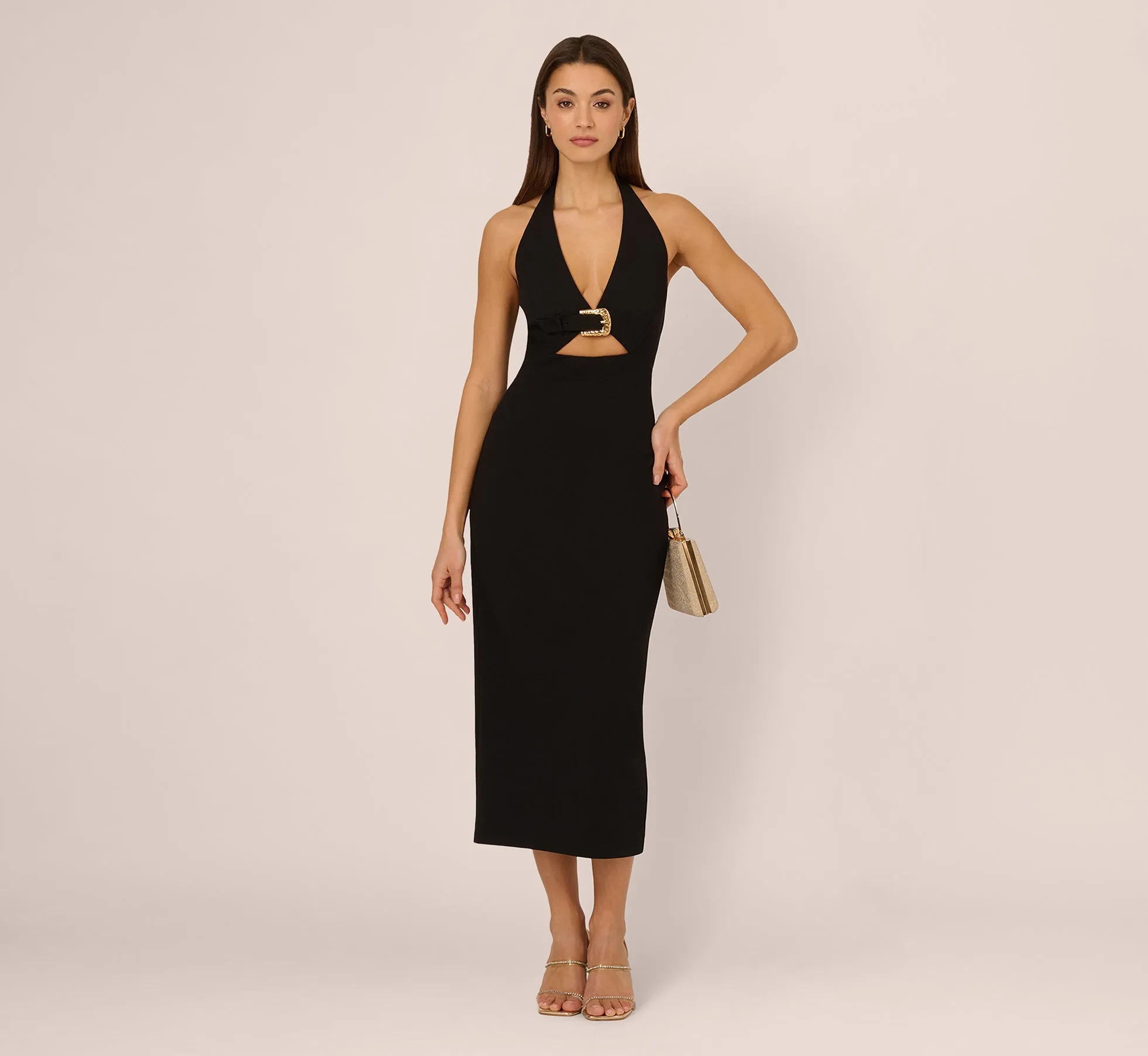 Halter Buckle Detail Midi Dress In Black