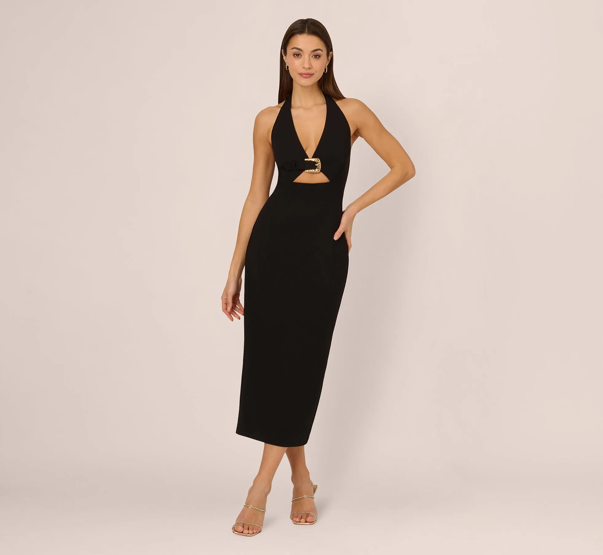 Halter Buckle Detail Midi Dress In Black
