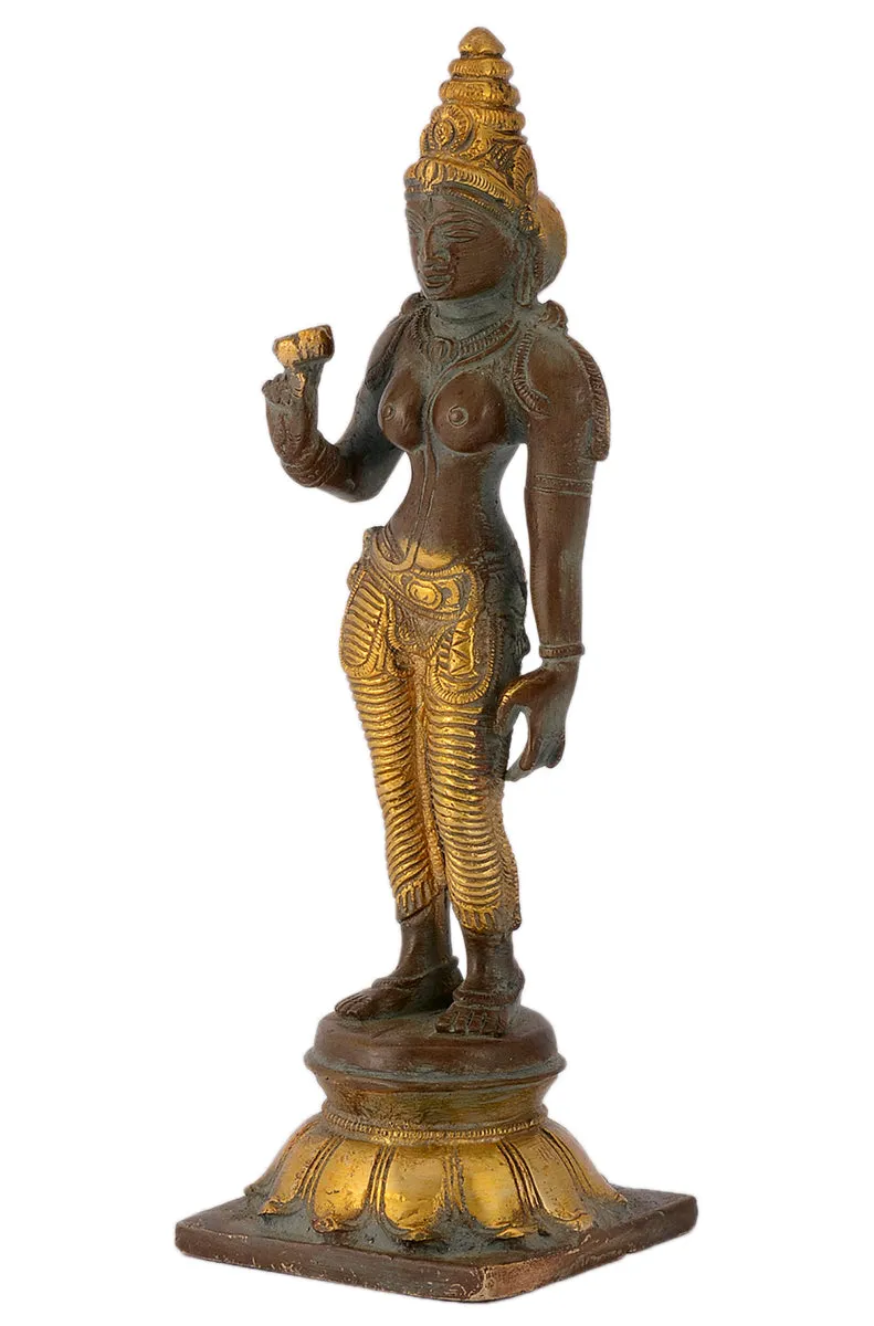 Handmade Standing Parvati on Lotus Brass Sculpture Showpiece