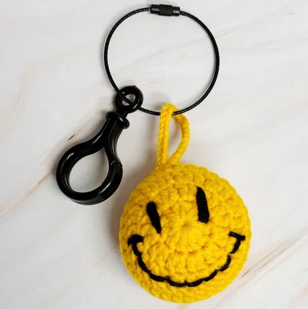 Happy Face Puffy Ball Key Ring – Two-Tone Yarn Pom with Smiley Charm