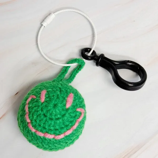 Happy Face Puffy Ball Key Ring – Two-Tone Yarn Pom with Smiley Charm