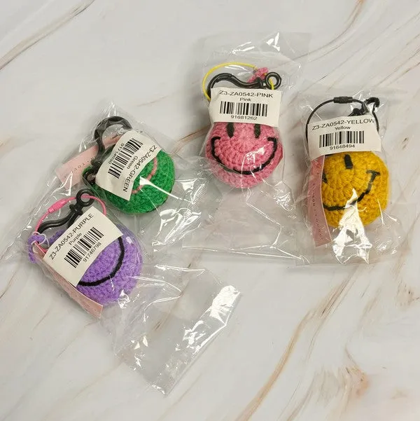 Happy Face Puffy Ball Key Ring – Two-Tone Yarn Pom with Smiley Charm
