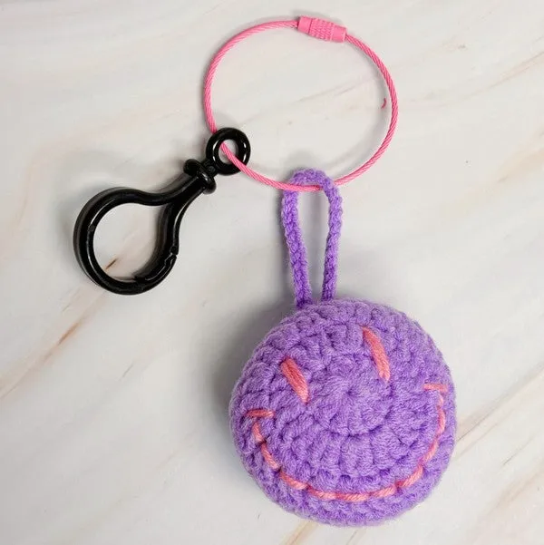 Happy Face Puffy Ball Key Ring – Two-Tone Yarn Pom with Smiley Charm