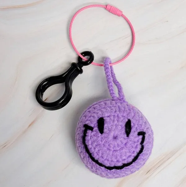 Happy Face Puffy Ball Key Ring – Two-Tone Yarn Pom with Smiley Charm