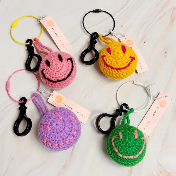 Happy Face Puffy Ball Key Ring – Two-Tone Yarn Pom with Smiley Charm