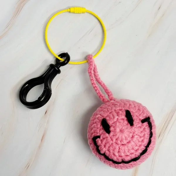 Happy Face Puffy Ball Key Ring – Two-Tone Yarn Pom with Smiley Charm
