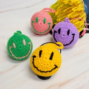 Happy Face Puffy Ball Key Ring – Two-Tone Yarn Pom with Smiley Charm