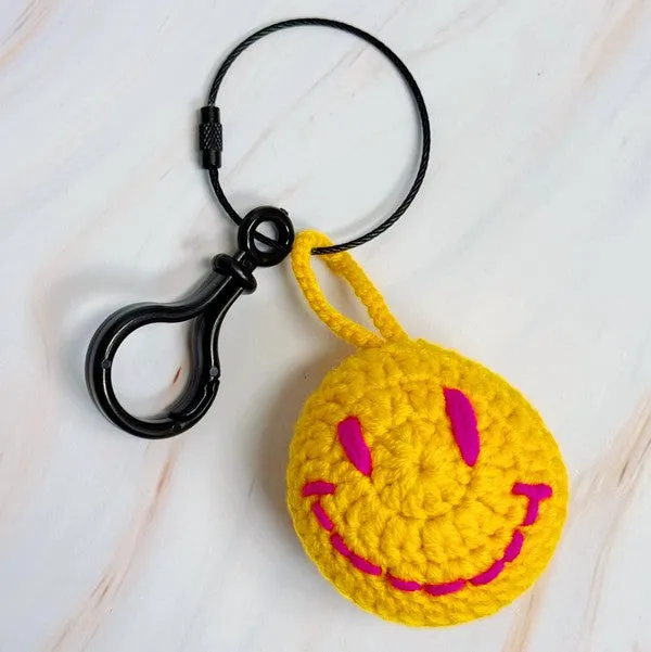 Happy Face Puffy Ball Key Ring – Two-Tone Yarn Pom with Smiley Charm