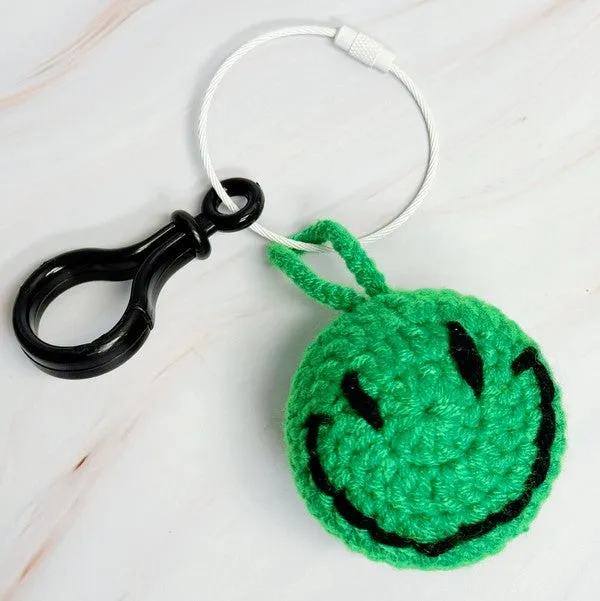Happy Face Puffy Ball Key Ring – Two-Tone Yarn Pom with Smiley Charm