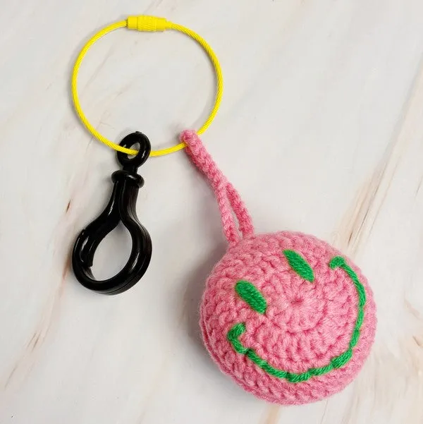 Happy Face Puffy Ball Key Ring – Two-Tone Yarn Pom with Smiley Charm